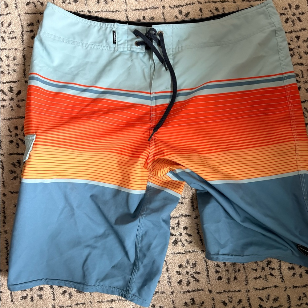 O'Neill Blue and Orange Striped Board Shorts